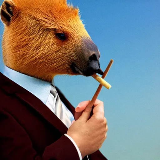 Image similar to a high detail photo of an antropomorphic capybara wearing a suit smoking a cigarrette, subject= duck, subject detail: wearing a suit, subject action: smoking a cigarrette photorealism