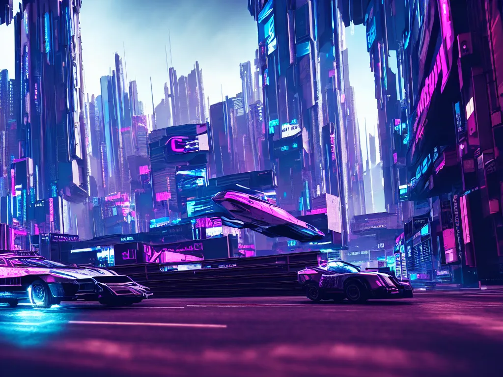 Image similar to vehicle flying through a cyberpunk city 4 k, hyper detailed