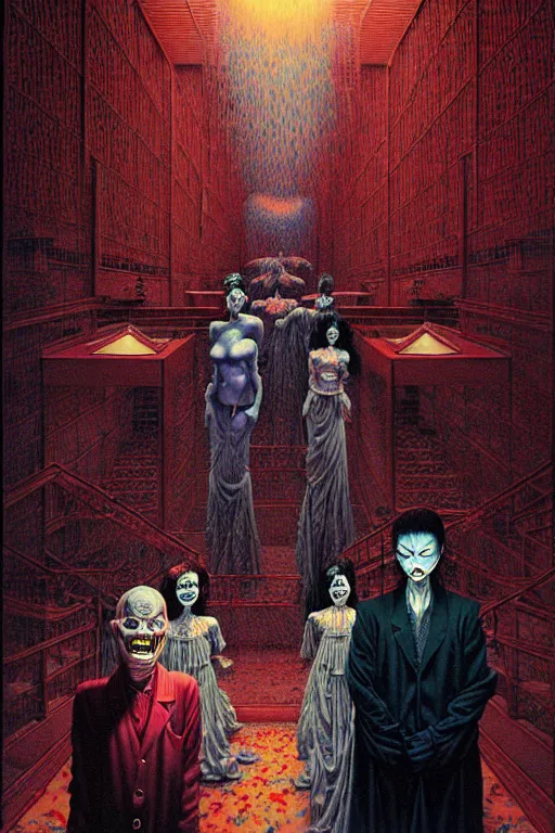 Prompt: a hyperrealistic painting of a haunted hotel lobby with scary maids and evil front desk clerk, cinematic horror by chris cunningham, lisa frank, richard corben, highly detailed, vivid color, beksinski painting, part by adrian ghenie and gerhard richter. art by takato yamamoto. masterpiece