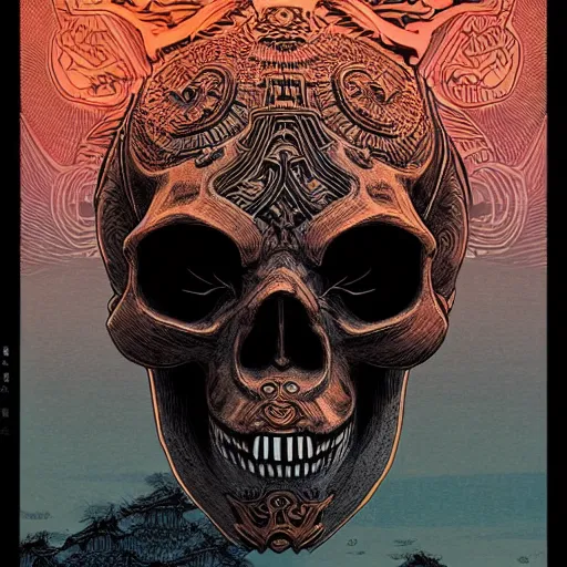 Prompt: skull samurai mask on hell by feng zhu and loish and laurie greasley, victo ngai, andreas rocha, john harris