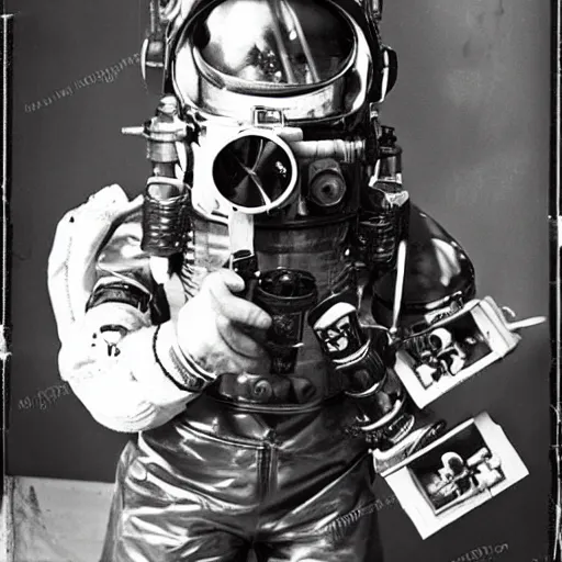 Prompt: an steampunk astronaut mid-space holding a beer can and a vintage camera. vintage photo