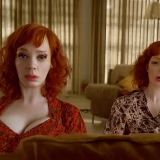 Image similar to a very surprised beautiful Christina Hendricks and her twin sister in the living room, film still from the movie directed by Denis Villeneuve with art direction by Salvador Dalí, wide lens