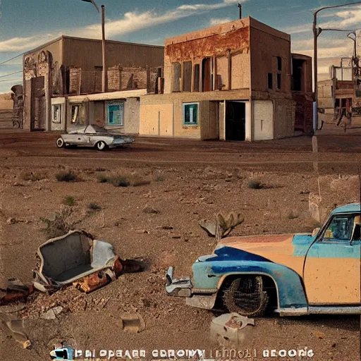 Prompt: desert town of forgotten objects by Stephen Shore, digital art, beautiful cover design