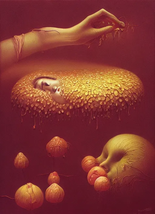 Image similar to She Eats Joyfully of the Suffocating Fruit and Her spiderlike gossamer glistening polyp blossoms bring iridescent fungal flowers whose spores black the foolish glaring stars Edward Hopper and James Gilleard, Zdzislaw Beksinski, Mark Ryden, Wolfgang Lettl highly detailed