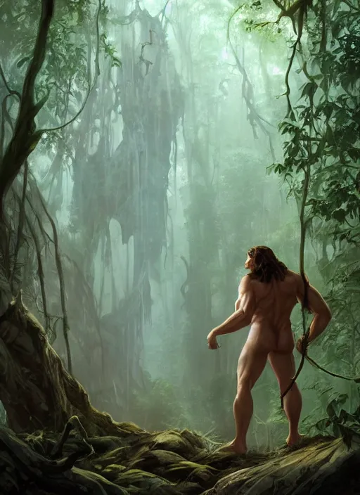 Prompt: A beautiful digital painting of tarzan in the mirkwood forrest looking at the camera by Stanley Artgerm Lau, frank frazetta, Rossdraws, James Jean, gerald brom, Andrei Riabovitchev, Marc Simonetti, and Sakimichan, trending on artstation