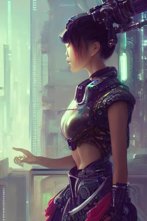 Image similar to portrait futuristic Samurai Girl, in future cyberpunk tokyo rooftop , ssci-fi, fantasy, intricate, very very beautiful, elegant, human anatomy, neon light, highly detailed, digital painting, artstation, concept art, smooth, sharp focus, illustration, art by tian zi and WLOP and alphonse mucha