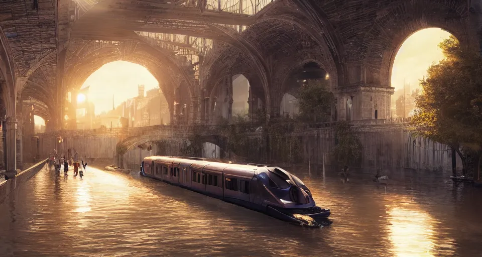 Prompt: An urban train rides inside of a waterway on a fantasy city, next to a fountain and a mystical palace,, hyperdetailed, artstation, cgsociety, golden hour 8k