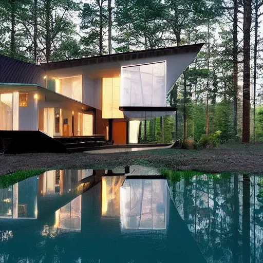 Image similar to wes anderson style modern house near the lake