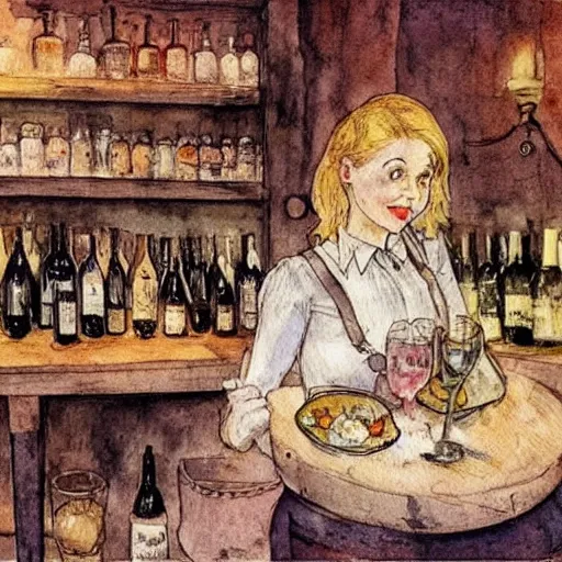 Image similar to hot blonde working in a wine cellar, food, pork, beer, schnapps, rustic, traditional, torches on the wall, watercolor by carl larsson