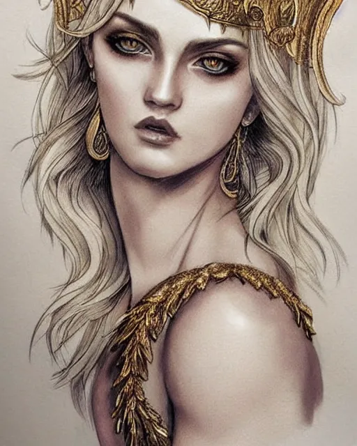 Image similar to tattoo sketch of blonde super model aphrodite greek goddess wearing a gold laurel wreath and triangle earrings, beautiful piercing gaze with sharp pupils, in the style of greg rutkowski, fantasy, amazing detail, epic, elegant, smooth, sharp focus, front view