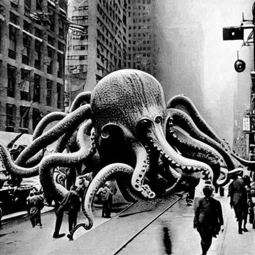 Image similar to old black and white photo, 1 9 1 3, depicting a giant alien dieselpunk octopus rampaging through the bustling streets of new york city, historical record