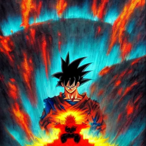 Prompt: goku in hell by paul lehr and moebius