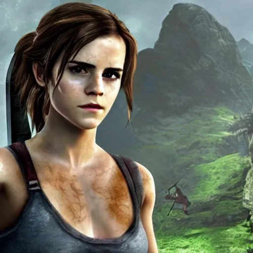 Prompt: Screenshot of Emma Watson as Lara Croft video game