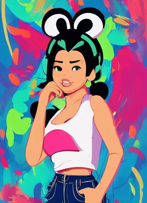 Image similar to woman, black hair, tan skin, curvy, slight resemblance to selena gomez with mickey mouse ears. colorful clothes. clean cel shaded vector art. shutterstock. behance hd by lois van baarle, artgerm, helen huang, by makoto shinkai and ilya kuvshinov, rossdraws, illustration,