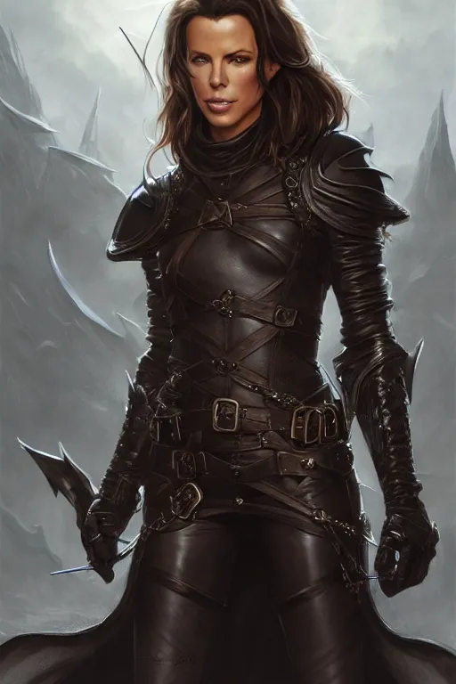 Image similar to kate beckinsale as dnd thief, weared in leather armor, highly detailed, d & d, fantasy, highly detailed, digital painting, trending on artstation, concept art, sharp focus, illustration, art by artgerm and greg rutkowski and magali villeneuve