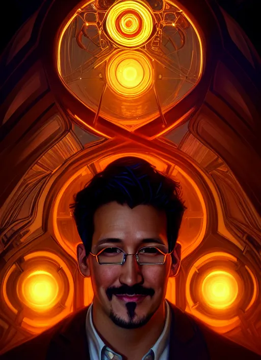 Prompt: symmetry portrait of markiplier, glowing lights, intricate, elegant, highly detailed, digital painting, artstation, concept art, smooth, sharp focus, illustration, art by artgerm and greg rutkowski and alphonse mucha