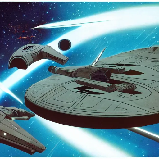 Prompt: ncc 1 7 0 1 enterprise battling a klingon battle cruiser as star wars cocncept art ralph mcquarrie