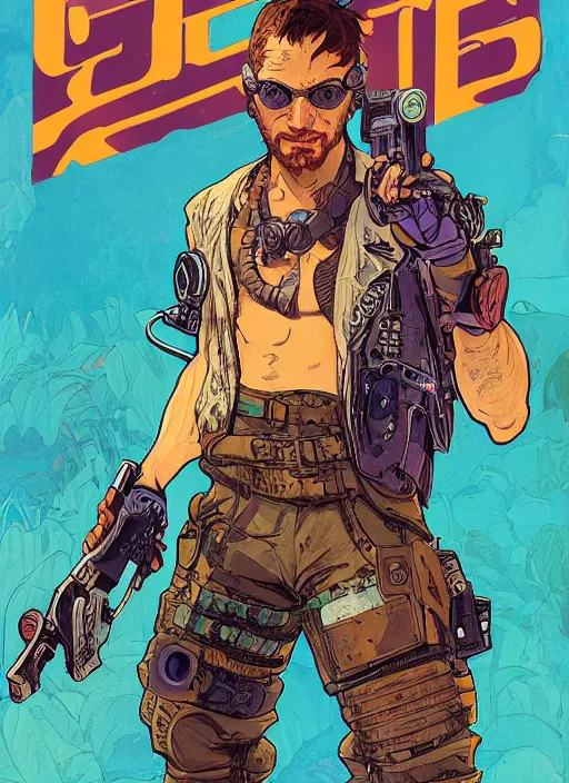 Image similar to cyberpunk beach bum. portrait by ashley wood and alphonse mucha and laurie greasley and josan gonzalez and james gurney. splinter cell, apex legends, rb 6 s, hl 2, d & d, cyberpunk 2 0 7 7. realistic face. character clothing. vivid color. dystopian setting.