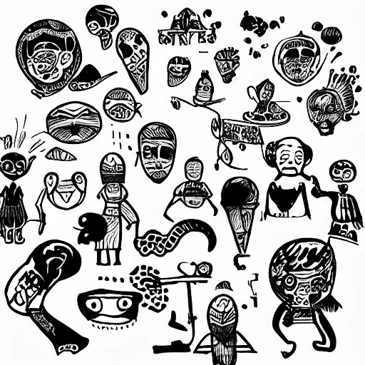 Prompt: black and white composition of a variety of seperate doodles, drawings, faces, symbols, cartoons, lineart, cave drawing, silhouette, tattoo, chinese ink brush, app icon