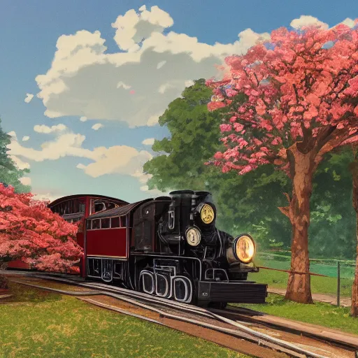 Image similar to concept art painting of a historic transverse view of a steam train, the train carries a cherry tree in flower, realistic, detailed, cel shaded, in the style of makoto shinkai and greg rutkowski and james gurney