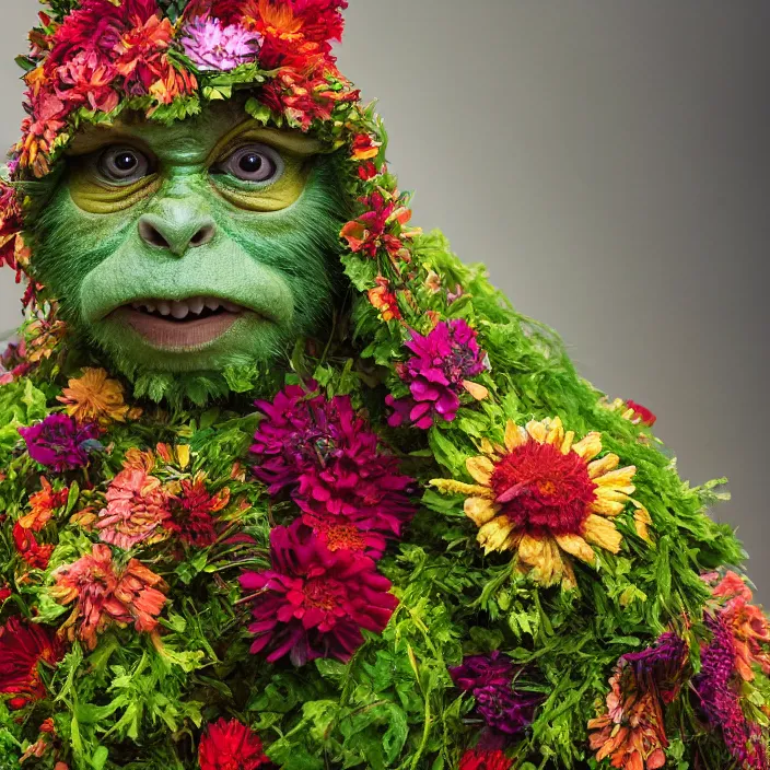 Prompt: closeup portrait of a green-horned goblin wearing a hooded cloak made of zinnias and rainbows, in an empty field, by Annie Leibovitz and Steve McCurry, natural light, detailed face, CANON Eos C300, ƒ1.8, 35mm, 8K, medium-format print