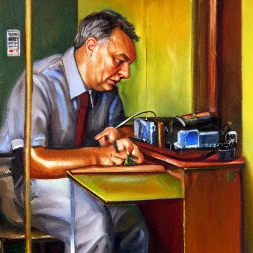 Prompt: viktor orban soldering in a cubicle, oil painting