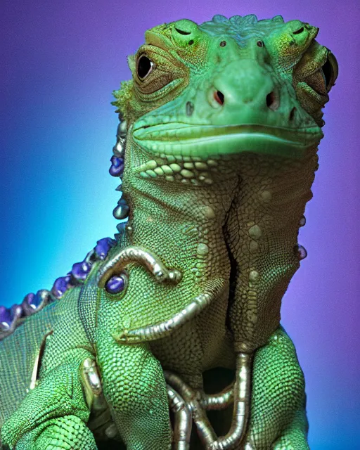 Image similar to natural light, soft focus portrait of a cyberpunk anthropomorphic iguana with soft synthetic pink skin, blue bioluminescent plastics, smooth shiny metal, elaborate ornate head piece, piercings, skin textures, by annie leibovitz, paul lehr