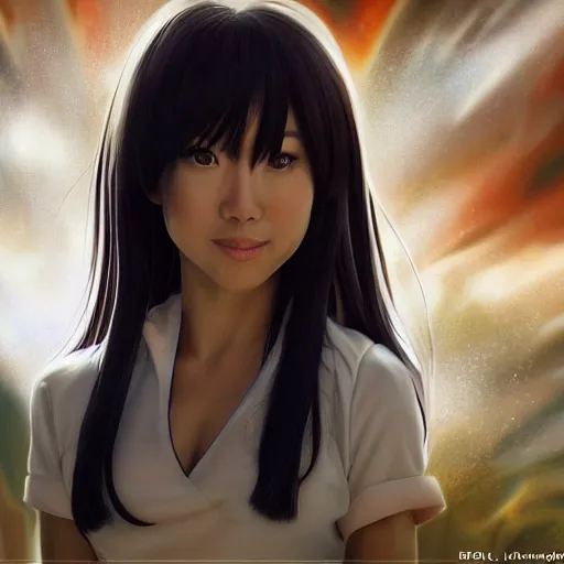 Image similar to Aimee Garcia as Orihime Inoue, professional modeling, looking down on the camera, detailed, centered, digital painting, artstation, concept art, donato giancola, Joseph Christian Leyendecker, WLOP, Boris Vallejo, Breathtaking, 8k resolution, extremely detailed, beautiful, establishing shot, artistic, hyperrealistic, beautiful face, octane render, cinematic lighting, dramatic lighting, masterpiece