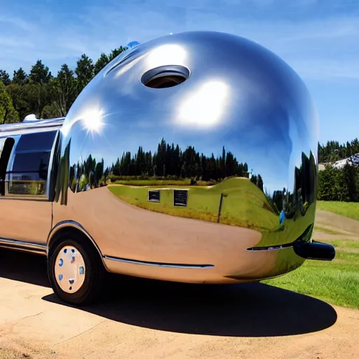 Prompt: an inflated stainless steel chrome Winnebago, solarpunk