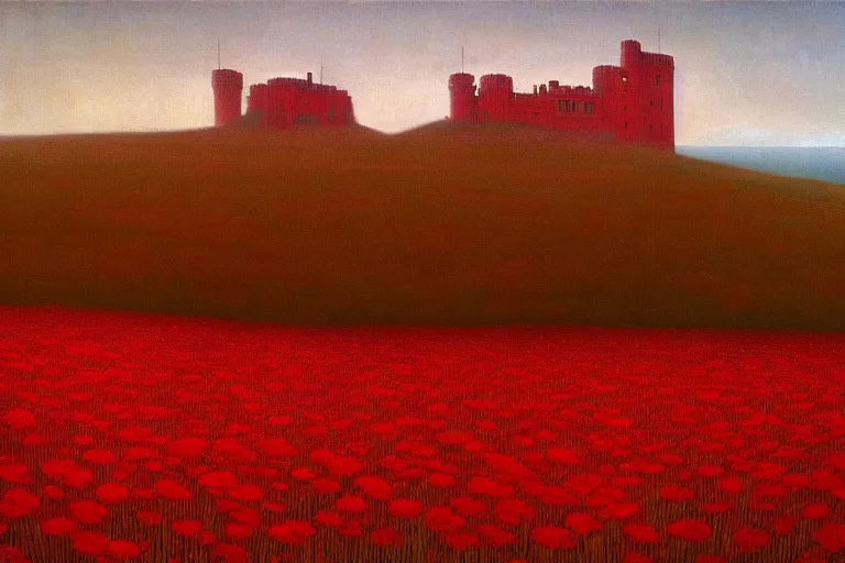 Image similar to only with red, red flowers of different types, a castle in the background, red giants rest over the flowers, in the style of beksinski, part by hopper, part by rodcenko, part by hofbauer, intricate composition, red by caravaggio, insanely quality, highly detailed, masterpiece, red light, artstation, 8 k