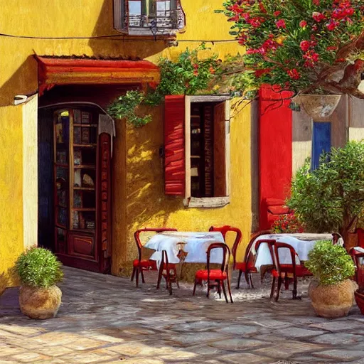 Image similar to a traditional pizzeria in the street of a small village on the riviera. a terrace in the shade of a hundred - year - old olive tree, a friendly atmosphere around pizzas and rose wine. dolce vita. unreal engine rendering, hyper realist, ultra detailed, oil painting, warm colors, happy, impressionism, da vinci,