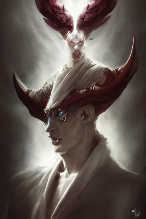 Prompt: male djinn man demon hybrid, warlock, portrait, concept art, purple cloak, single face, illustration, costume design, white horns, editorial photo, fashion, hyperrealism, realism, trending on artstation, Charlie Bowater, WLOP