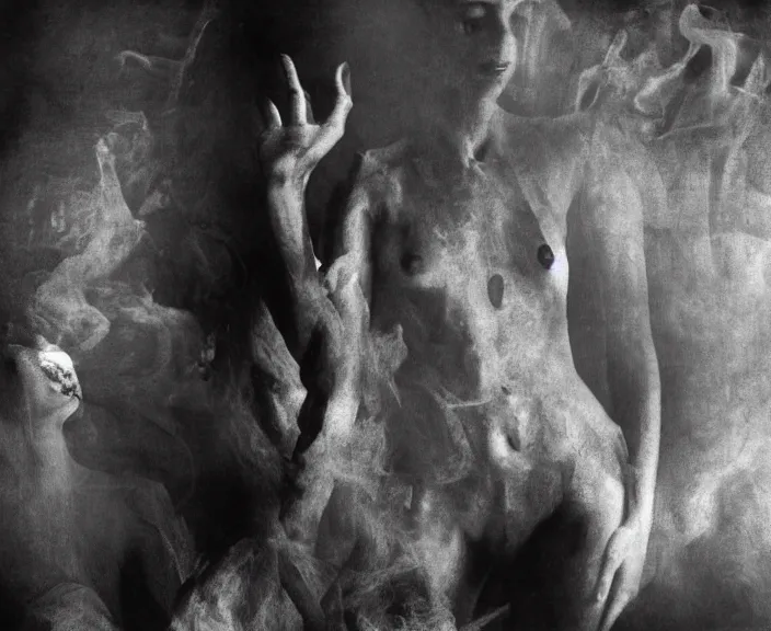 Prompt: the mystical scene of human transformation. slightly erotic, 35mm double-exposure photo, german expressionism, deep shadows and colors, photorealistic, detailed smoke and dust, natural bones and skin, natural textures, sensual, calming, depth of field, ambient occlusion, motion blur, HD, masterpiece, volumetric, chromatic aberration by Richard Avedon, style of Ade Santora, perfect composition, masterpiece, intricate detailed