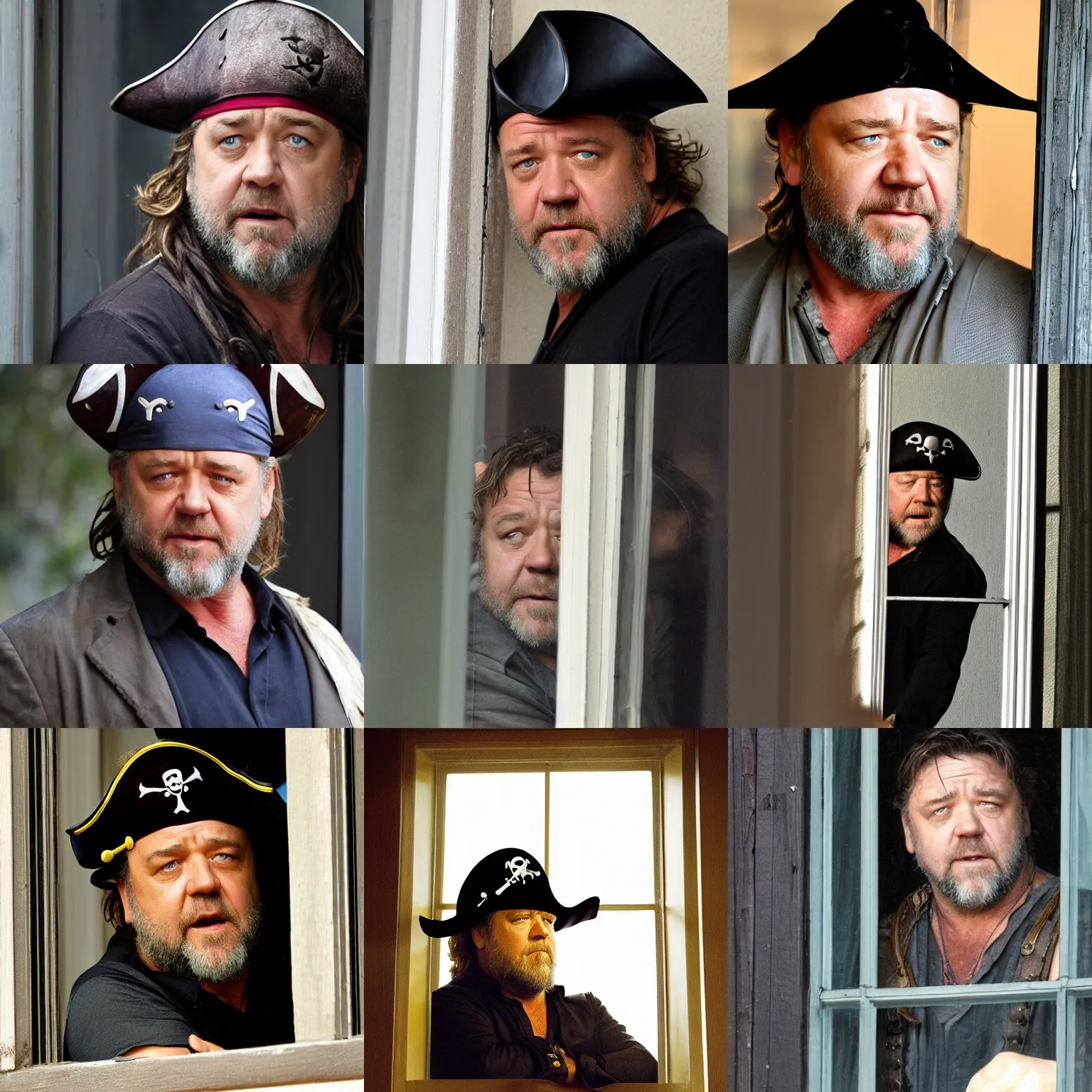 Prompt: russell crowe behind a window wearing a pirate hat staring out towards camera