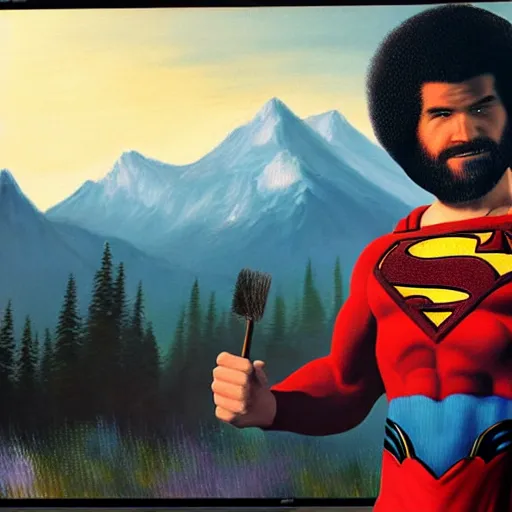 Image similar to a closeup photorealistic photograph of bob ross working on a canvas painting of superman. film still. brightly lit scene. mountains and trees. this 4 k hd image is trending on artstation, featured on behance, well - rendered, extra crisp, features intricate detail, epic composition and the style of unreal engine.