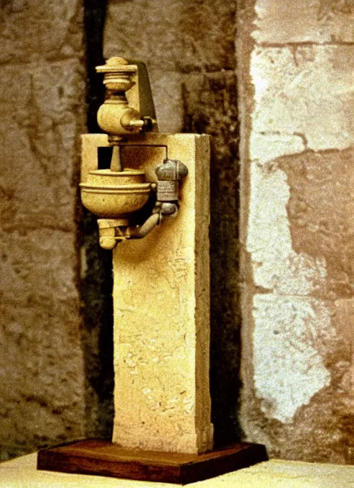 Prompt: ultra very realistic photo of a a medieval temple chemistry appliance pump, made of wood white clay 1 9 9 0, life magazine photo, natural colors, museum collection, kodak