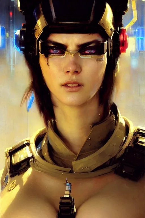 Image similar to extreme close up cyberpunk catgirl in a futuristic police uniform of white and gold portrait dnd, painting by gaston bussiere, craig mullins, greg rutkowski, yoji shinkawa
