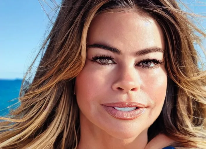 Image similar to close up portrait photograph of Sofia Vergara!!! sunbathed skin, symmetric face!!! with deep green ((Symmetric round eyes!!! )) . Wavy long hair. she looks directly at the camera. Slightly open mouth, face takes up half of the photo. an ocean visible in the background. 55mm nikon. Intricate.