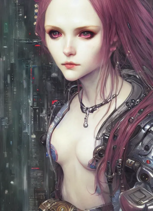 Prompt: portrait of cute beautiful young gothic maiden, cyberpunk, Warhammer, highly detailed, artstation, illustration, art by Gustav Klimt and Range Murata