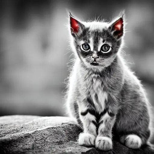 Image similar to a zombie kitten, sitting on the stone, photo taken on a nikon, highly detailed, elegant, sharp focus