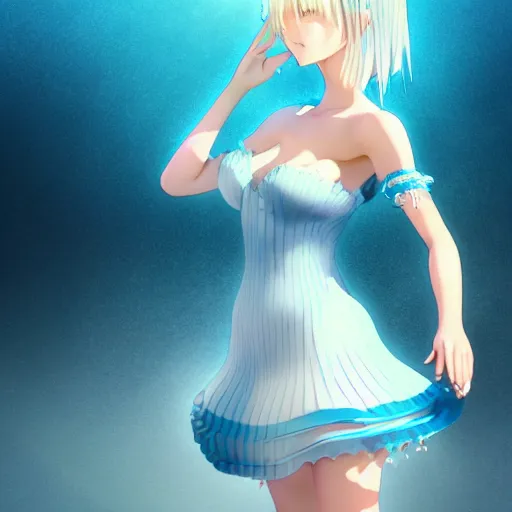 Prompt: a 3D render of a very beautiful anime girl wearing a dress made of water standing in a crystal lake , full body, long white hair with azure blue highlights blending into the dress , azure blue watery eyes, full round face, seductive over the shoulder glances , lens flare, cinematic lighting, golden hour, medium shot, mid-shot, auto-focus , highly realistically detailed, trending on artstation, Unreal Engine 4k, Stanley Artgerm Lau, WLOP, Rossdraws, James Jean, Andrei Riabovitchev, Marc Simonetti, and Sakimichan