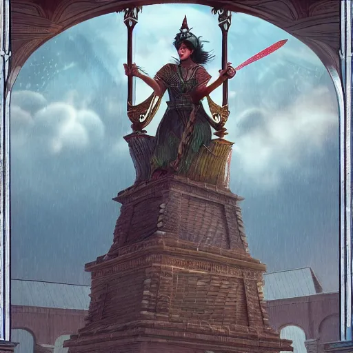 Prompt: tarot card style, lady luck on a tower, scales, sword, digital illustration, intricate, highly detailed, elegant, full color, cinematic lighting, octane render, hyper realism