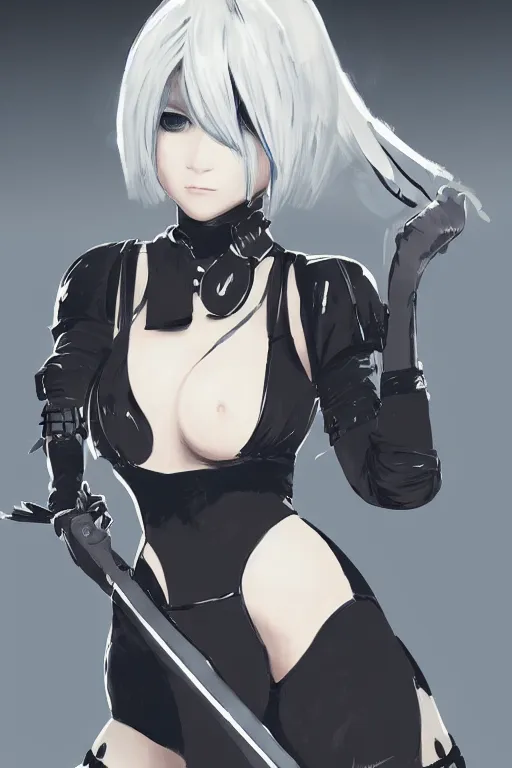 Prompt: a portrait of 2B from Nier Automata in the style of Yoji Shinkawa