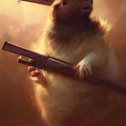 Image similar to Adorable Guinea Pig holding a frivolous weapon of war, illustrated by Greg Rutkowski and Gaston Bussiere, beautiful portrait image, serious lighting, dramatic amtosphere, war-art style, photorealistic imagery, trending on artstation, 4k, 8k