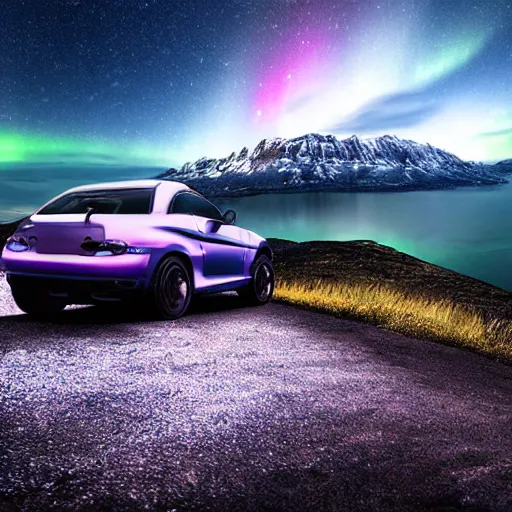 Image similar to car on a mountain. background is epic sky at night with northern lights. photorealistic. iridescent.