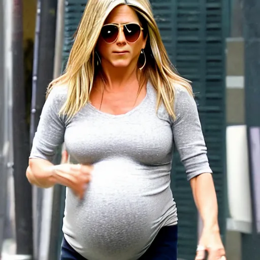 Image similar to Pregnant Jennifer Aniston walking down the street, paparazzi photograph