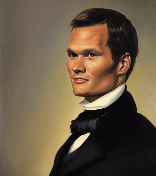 Prompt: official side portrait of united states president tom brady!, black, in a black suit, 1 8 6 8, a character portrait by cassius marcellus coolidge, reddit contest winner, american romanticism, oil on canvas, detailed painting, creative commons attribution