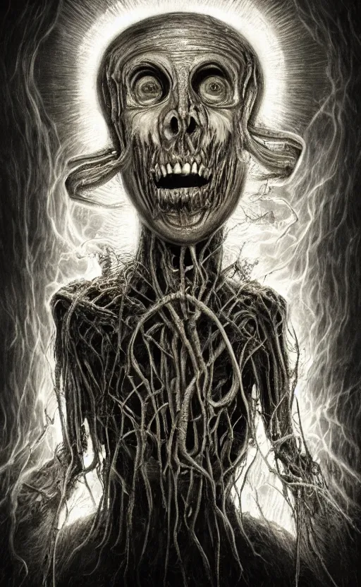 Prompt: full body of eldritch smiling jerma, surrounded by beams of light dark background by wayne barlow, stanley donwood, anton semenov, zdzislaw bekinski, hr giger, 8 k, fantasy, dark, highly detailed