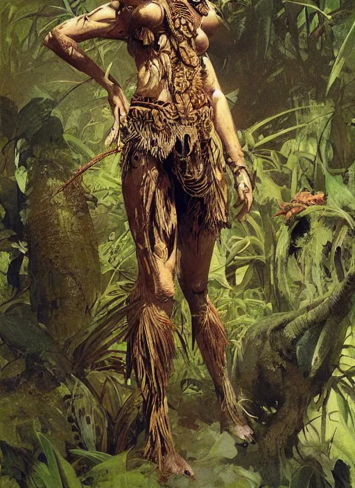 Prompt: a full body portrait of a jungle queen, intricate, elegant, highly detailed, vivid colors, john park, frazetta, sparth, ruan jia, jeffrey catherine jones