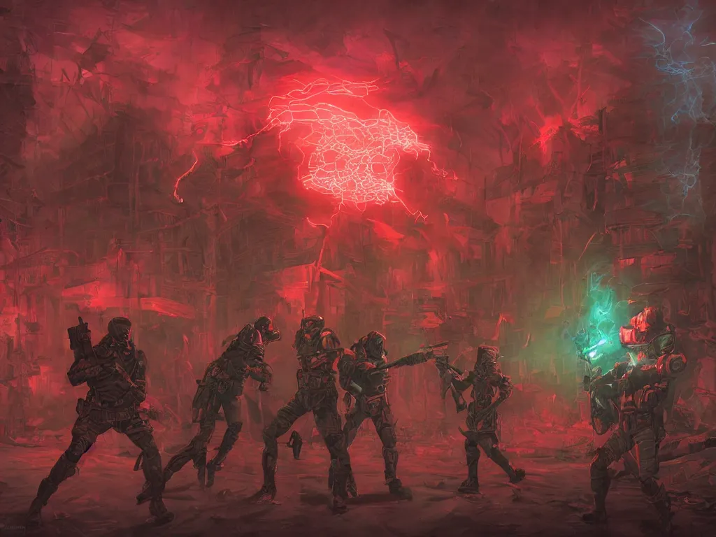 Image similar to tactical combat squad in red hoods fighting otherworldly monsters werewolves between the mystical foggy swamp dieselpunk style. Style as if Dan Mumford and Steven Belledin make game in Unreal Engine, photorealism, colorful, finalRender iridescent fantasy concept art 8k resolution concept art ink drawing volumetric lighting bioluminescence, plasma, neon, brimming with energy, electricity, power, Colorful Sci-Fi Steampunk Biological Living, cel-shaded, depth, particles, lots of reflective surfaces, subsurface scattering